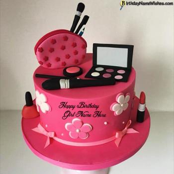 Amazing Pink Makeup Birthday Cake For Girls With Name Edit