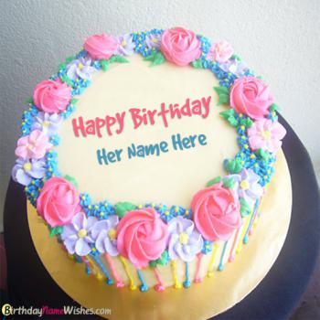 Colorful Flowers Decorated Name Birthday Cake For Girlfriend