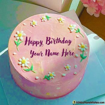 Cute Pink Flower Birthday Cake With Name Editor